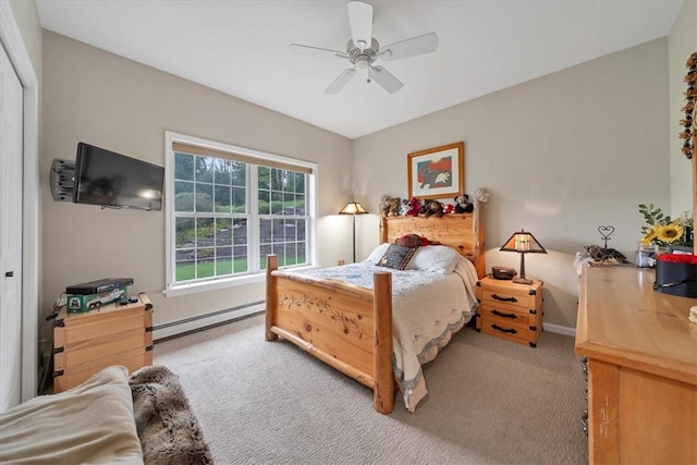 carpeted bedroom with ceiling fan, a closet, and a baseboard radiator