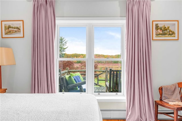 bedroom featuring baseboard heating and multiple windows