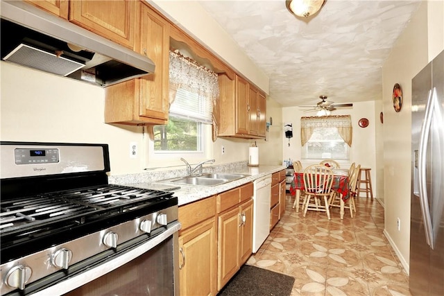 kitchen with appliances with stainless steel finishes, ceiling fan, and sink