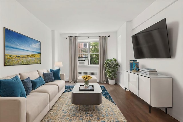 living room with dark hardwood / wood-style flooring and radiator heating unit