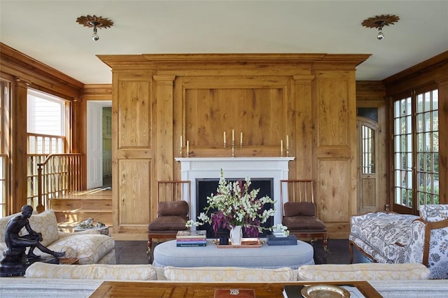 living room featuring wooden walls