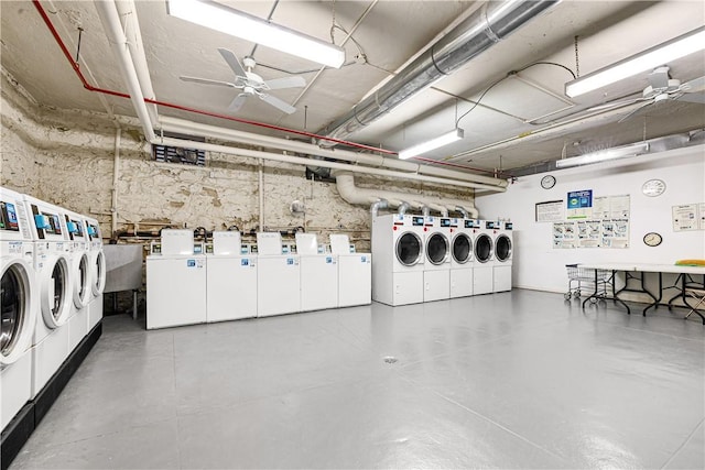 clothes washing area with separate washer and dryer and ceiling fan