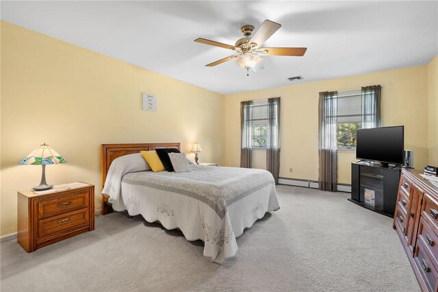 bedroom featuring ceiling fan and light carpet