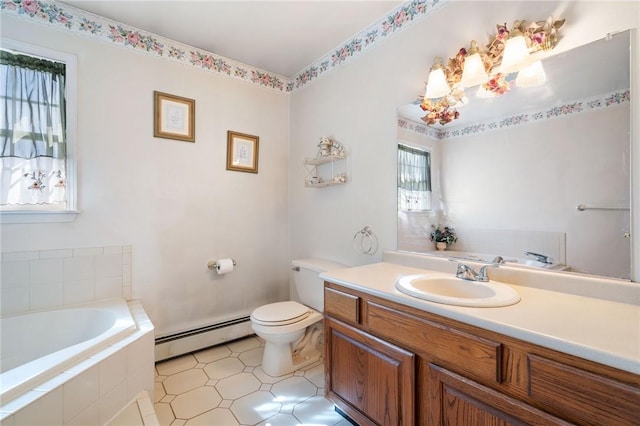 bathroom featuring tile patterned floors, vanity, baseboard heating, tiled bath, and toilet