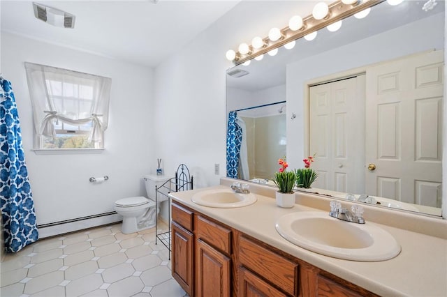 bathroom with a shower with curtain, vanity, toilet, and a baseboard heating unit