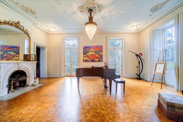 misc room featuring crown molding and light parquet floors