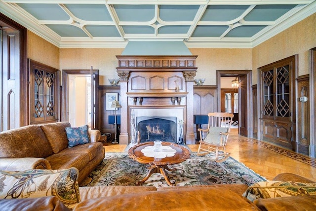 living room featuring parquet flooring, ornamental molding, and coffered ceiling