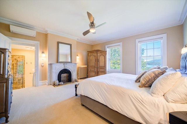 carpeted bedroom featuring ceiling fan, radiator heating unit, ornamental molding, and a wall mounted AC