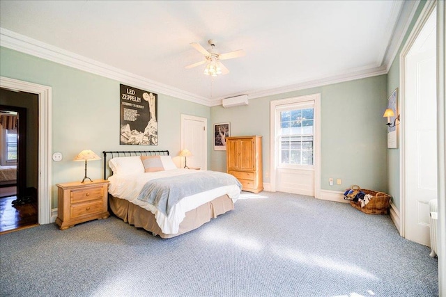 bedroom featuring carpet, a wall mounted air conditioner, ceiling fan, and crown molding