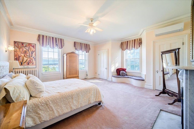 bedroom with multiple windows, radiator, a wall unit AC, and ceiling fan