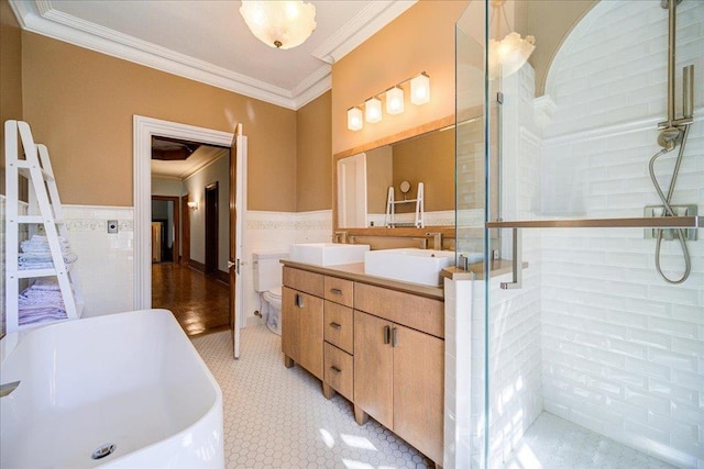 full bathroom featuring vanity, separate shower and tub, tile walls, and crown molding