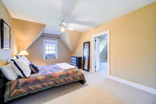 carpeted bedroom with baseboard heating, ceiling fan, cooling unit, and vaulted ceiling