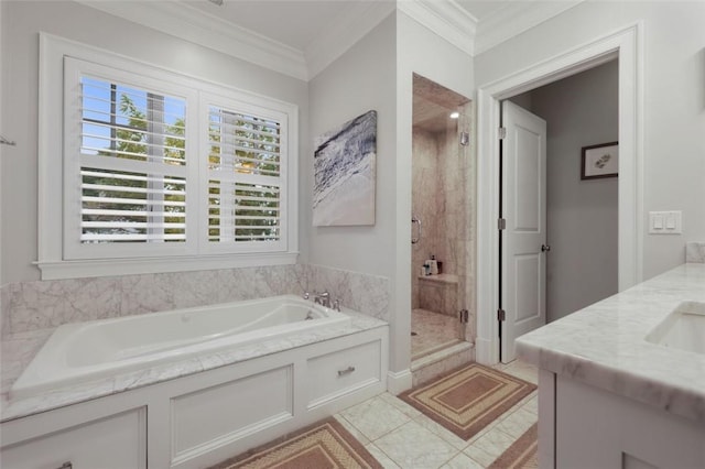 bathroom featuring tile patterned flooring, vanity, separate shower and tub, and crown molding