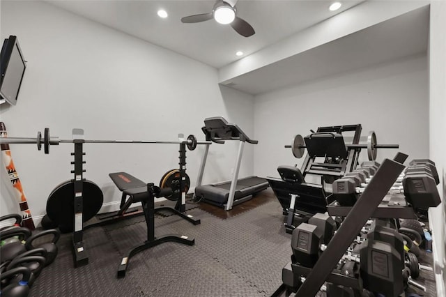 workout area featuring ceiling fan