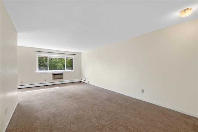 empty room with a wall unit AC, carpet, and a baseboard heating unit