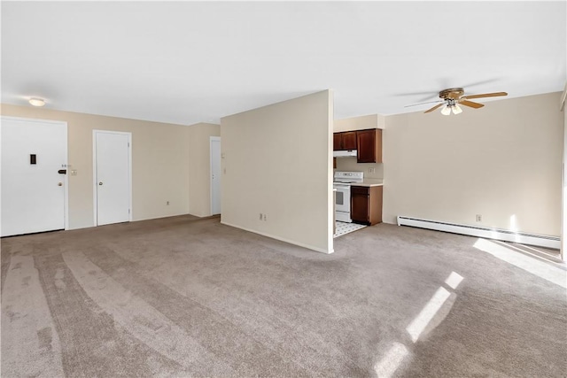 unfurnished living room featuring baseboard heating, ceiling fan, and light colored carpet