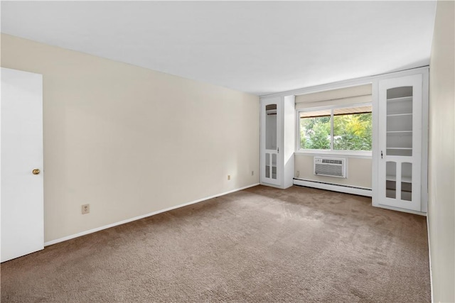 carpeted empty room featuring a wall mounted AC and a baseboard heating unit