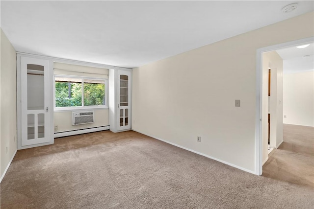 unfurnished living room with carpet flooring, a wall mounted air conditioner, and a baseboard heating unit