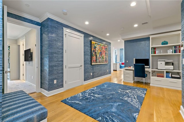 45 Hudson View Way Unit 400, Tarrytown, NY 10591 - office with ornamental molding, wood finished floors, recessed lighting, wallpapered walls, and built in desk