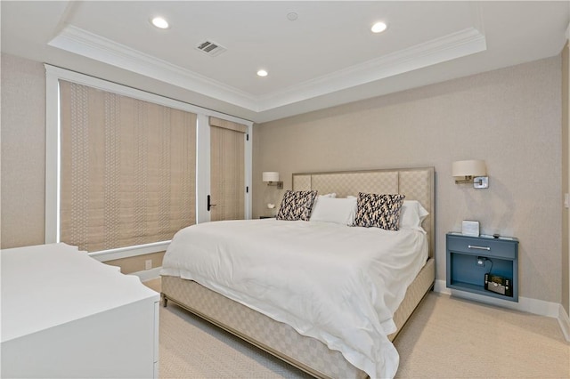 bedroom with light carpet, a raised ceiling, and crown molding