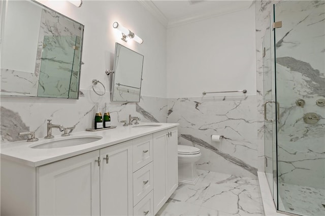 bathroom with toilet, ornamental molding, walk in shower, and tile walls