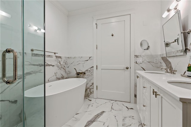 bathroom with separate shower and tub, crown molding, vanity, and tile walls