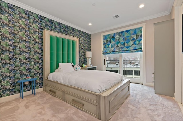 bedroom featuring access to outside, crown molding, and light carpet