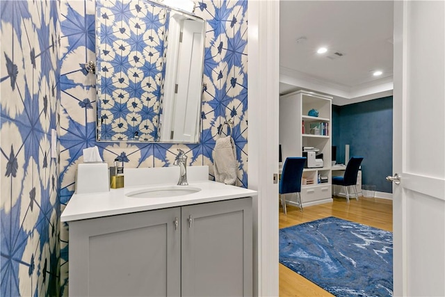 bathroom featuring hardwood / wood-style floors and vanity