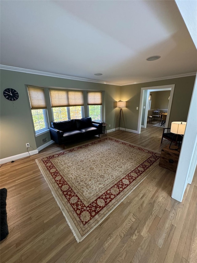 living room featuring hardwood / wood-style flooring and crown molding