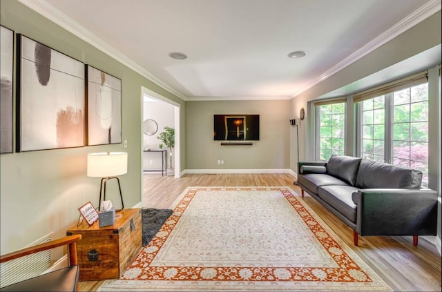 living room featuring light hardwood / wood-style floors and crown molding