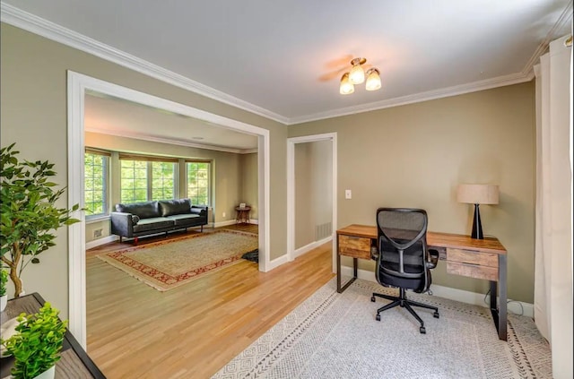 office area featuring crown molding and wood-type flooring