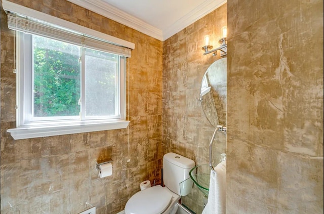 bathroom featuring ornamental molding, tile walls, and toilet