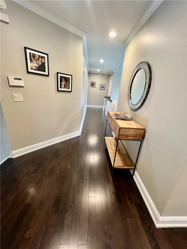 corridor with dark hardwood / wood-style flooring and crown molding