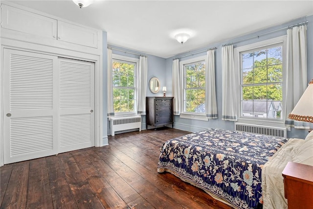 bedroom with multiple windows, radiator, and dark wood-type flooring