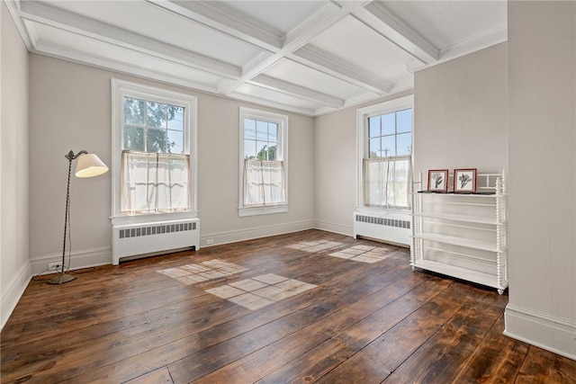 interior space featuring coffered ceiling, dark hardwood / wood-style floors, radiator, and beam ceiling