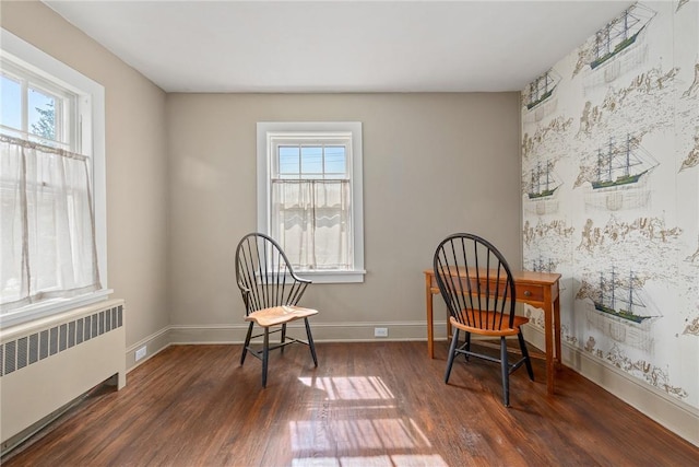 sitting room with dark wood-type flooring, radiator heating unit, and a wealth of natural light