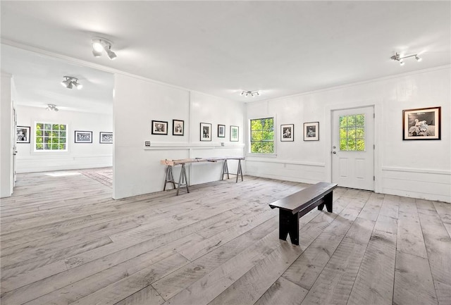 unfurnished living room featuring crown molding, plenty of natural light, and light wood-type flooring