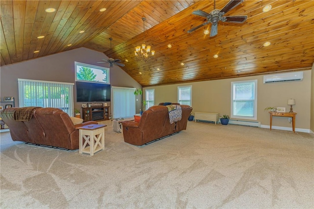 carpeted living room with an AC wall unit, a wealth of natural light, and wooden ceiling