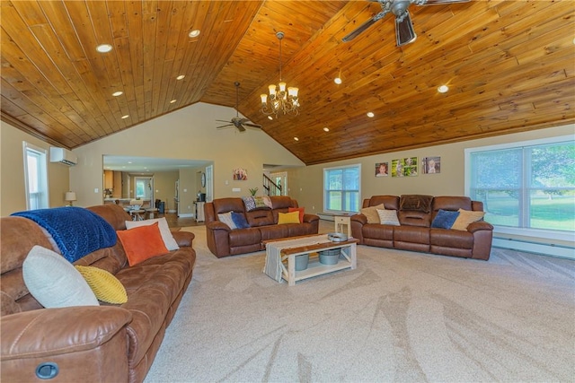 carpeted living room with wooden ceiling, a wall mounted air conditioner, high vaulted ceiling, a baseboard heating unit, and ceiling fan with notable chandelier