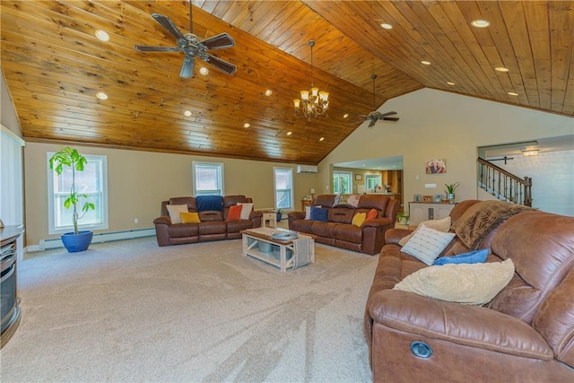 living room with light carpet, baseboard heating, and wooden ceiling