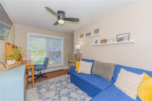 office featuring hardwood / wood-style floors, ceiling fan, and a baseboard heating unit