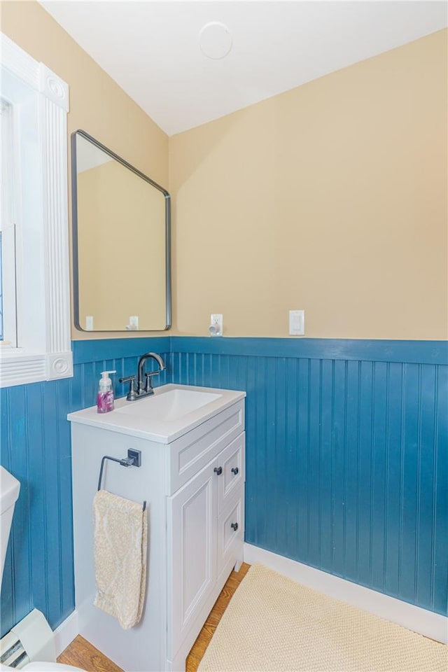 bathroom featuring vanity, toilet, and wooden walls