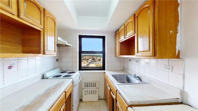 kitchen with sink, decorative backsplash, range hood, white range with electric stovetop, and light tile patterned flooring