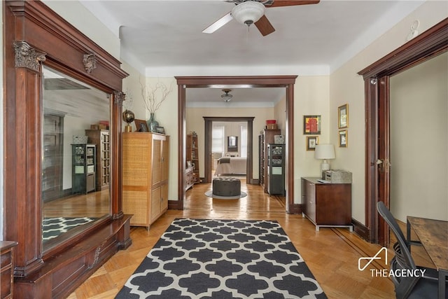 hallway featuring light parquet flooring