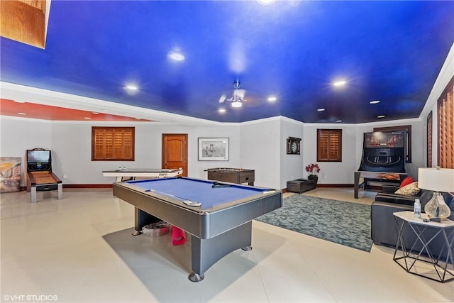 recreation room with crown molding and pool table