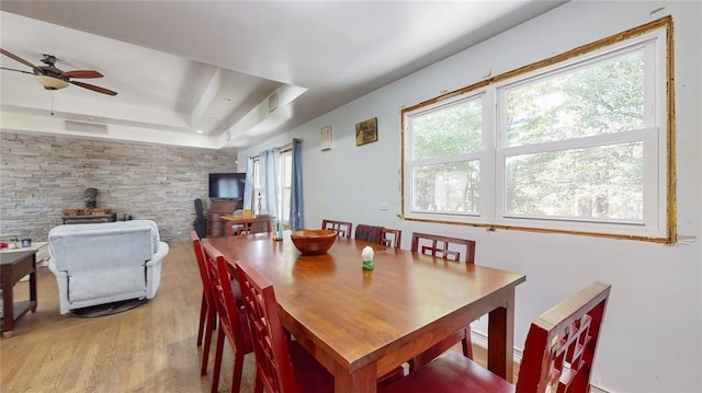 dining room with light wood-type flooring, a tray ceiling, a wood stove, and a healthy amount of sunlight