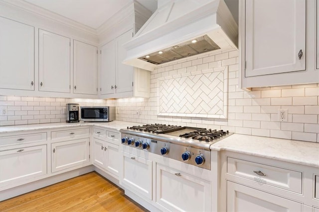 kitchen featuring tasteful backsplash, white cabinets, appliances with stainless steel finishes, custom exhaust hood, and light wood-style floors