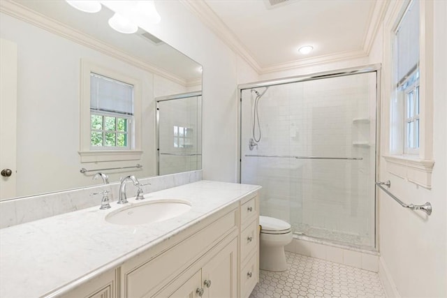 full bath with toilet, vanity, tile patterned floors, a stall shower, and crown molding