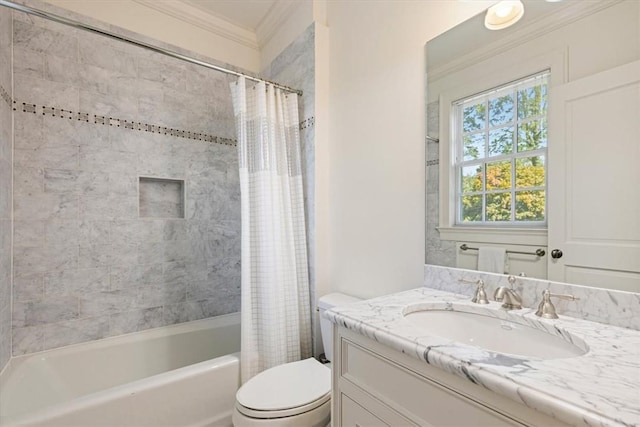 full bath featuring toilet, ornamental molding, shower / bath combination with curtain, and vanity