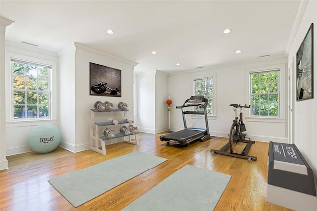 exercise area with baseboards, crown molding, and wood finished floors